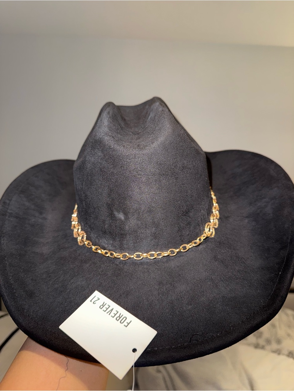 Forever 21 Black Wide-Brim Hat with Gold Chain Accent
